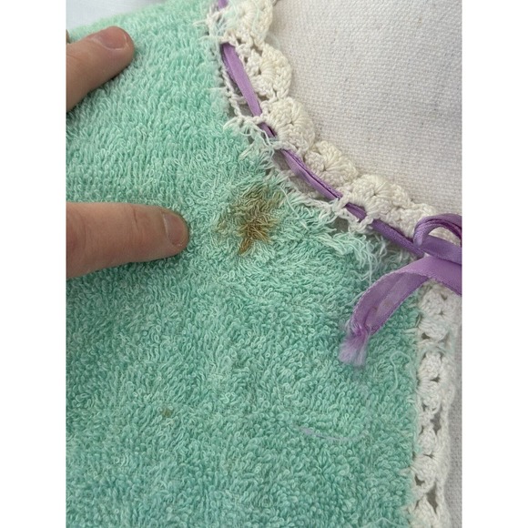 Aqua Green Terry Towel Crop Vest Bath Cover Mid- Century Crochet Violet Flowers - Picture 8 of 9